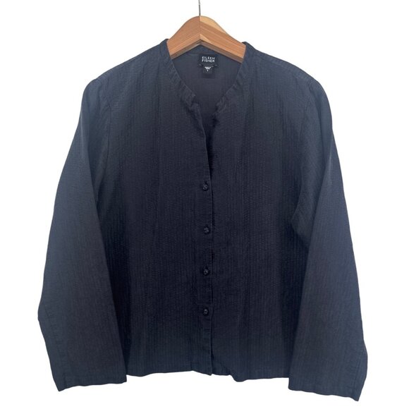 Eileen Fisher Tops - Eileen Fisher Womens Top Sz L Black Mandarin Collar ButtonUp Silk/Cotton Classic